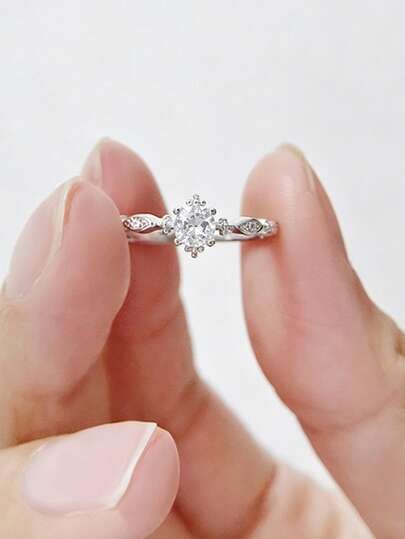 1pc S925 Sterling Silver Cubic Zirconia Starburst Ring, Elegant & Classy Daily Wear Jewelry, Quality Engagement/Wedding Ring For Women