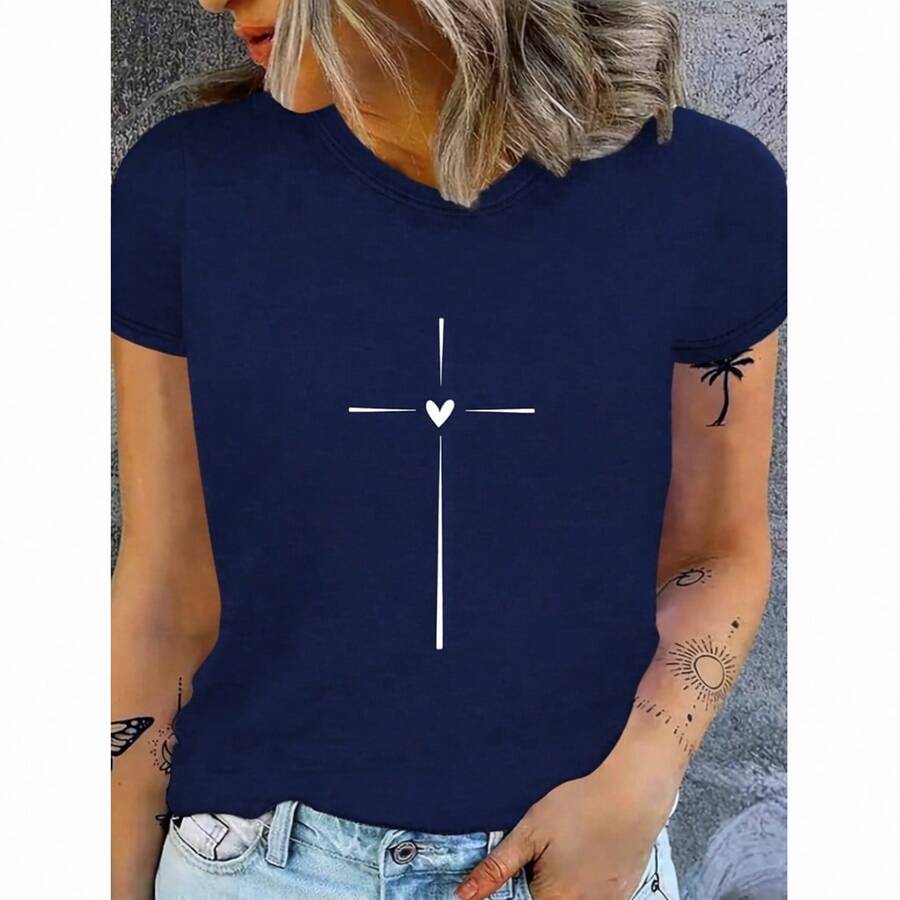Women's Comfortable Cotton T-Shirt With Delicate Heart Cross Design - 藏蓝色 - 查看 1