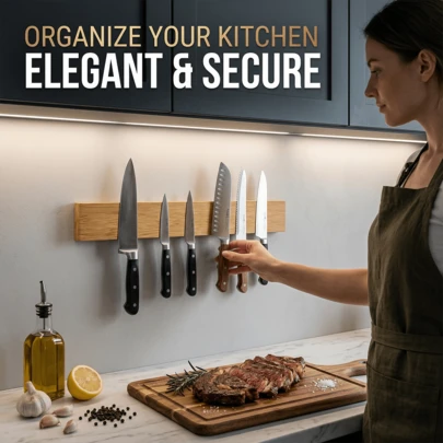 100% 天然竹制磁性刀架 - 节省空间的壁挂式收纳架，适用于厨房、家居和车库