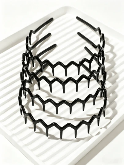 4pcs/Set Shiny Black Non-Slip Headbands, Fashionable Wavy Headbands With Teeth, Home Skincare Headbands, Suitable For Daily Face Washing Or Makeup Hairband