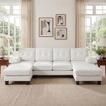 A 4-Seater U-Shaped Sofa With Chaise Longue Function In Chenille Fabric, Adjustable Sofa Bed At The Back For Living Room And Office, Grey, Beige. - Beige - View 2