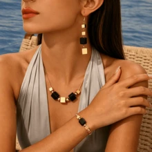 Bộ trang sức gồm dây chuyền, vòng tay và bông tai hình vuông hình học phong cách Bohemian cổ điển, quà tặng trang sức thời trang sáng tạo cho kỳ nghỉ của nàng. - Vàng + Đen - Xem 1