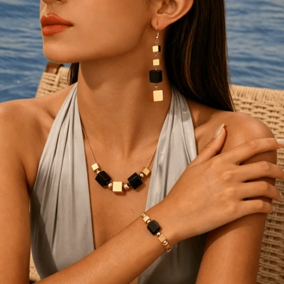 Bộ trang sức gồm dây chuyền, vòng tay và bông tai hình vuông hình học phong cách Bohemian cổ điển, quà tặng trang sức thời trang sáng tạo cho kỳ nghỉ của nàng.