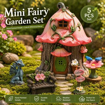 1pc Resin Mushroom House Sculpture, Cartoon Garden Decor, Handmade Fairy House Ornament, No Battery Or Power Required, Suitable For Balcony And Landscape Decoration