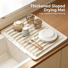 1/2pcs Kitchen Dish Drying Mat, Large Capacity Non-Slip Dish Drainer Tray With Water Channel, Thickened Countertop Water Collection Pad, Suitable For Plates, Cups, Utensils. Cream Style Kitchen Sink Storage Mat, Dish Drying Rack, Kitchen Accessories, Silicone Mat, Summer Table Mat, Kitchen Storage Supplies, Kitchen Storage, Drying Mat. - View 2