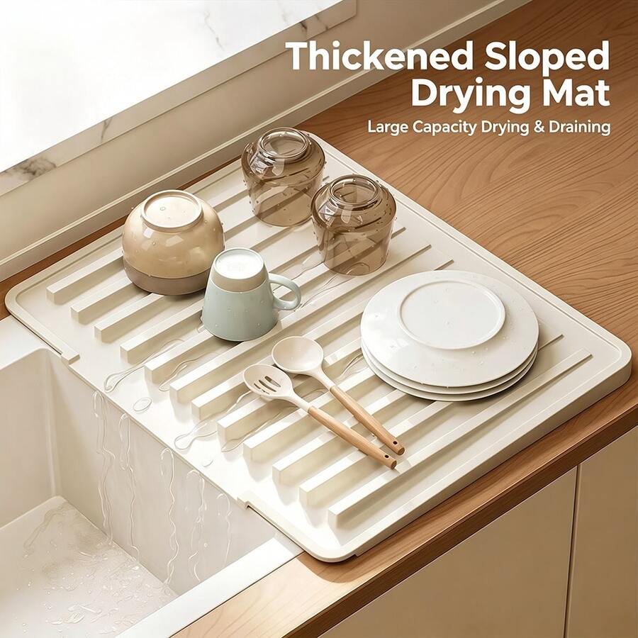1/2pcs Kitchen Dish Drying Mat, Large Capacity Non-Slip Dish Drainer Tray With Water Channel, Thickened Countertop Water Collection Pad, Suitable For Plates, Cups, Utensils. Cream Style Kitchen Sink Storage Mat, Dish Drying Rack, Kitchen Accessories, Silicone Mat, Summer Table Mat, Kitchen Storage Supplies, Kitchen Storage, Drying Mat.