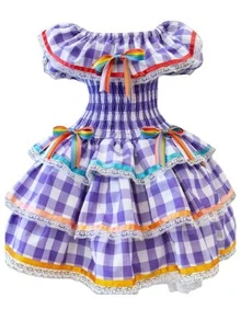 Country Dress For Children, Youth, June Festival, Traditional Square Dance, São João, Butterflies Kids - 淺灰紫 - 查看 5