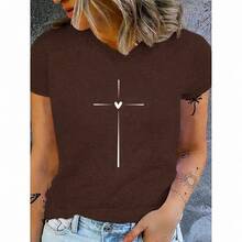 Women's Comfortable Cotton T-Shirt With Delicate Heart Cross Design - 鏽棕色 - 查看 1