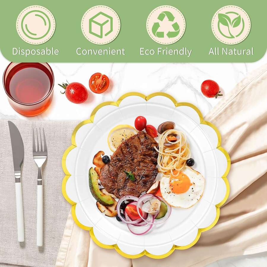 Bộ 20/40 đĩa giấy trắng, gồm 20 đĩa hình quạt dùng một lần màu trắng kích thước 9 inch (khoảng 22,9 cm) và 20 đĩa kích thước 7 inch (khoảng 17,8 cm) với họa tiết lá vàng, thích hợp cho lễ tốt nghiệp, đám cưới, tiệc mừng em bé, tiệc sinh nhật, dã ngoại và tiệc nướng. - trắng - Xem 1