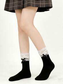 1/4 Pair Spring/Summer Lolita Ballerina Style Lace Patchwork Bow Sweet Versatile Mid-Calf Socks - Multicolor - View 14