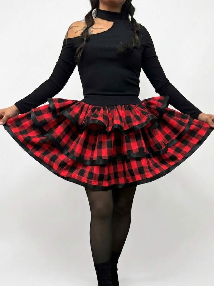 Short Round Skirt Country June Party Square Dance Arraiá São João Adult - 紅/黑格紋裙 - 查看 1