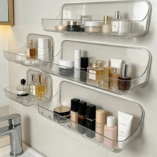 1pc No Drill Wall Mounted Adhesive Storage Rack, Transparent Plastic Bathroom Organizer With Drainage, Waterproof Bathroom Shelf For Cosmetics, Toiletries, Kitchen, Available In 2 Sizes - A - View 1