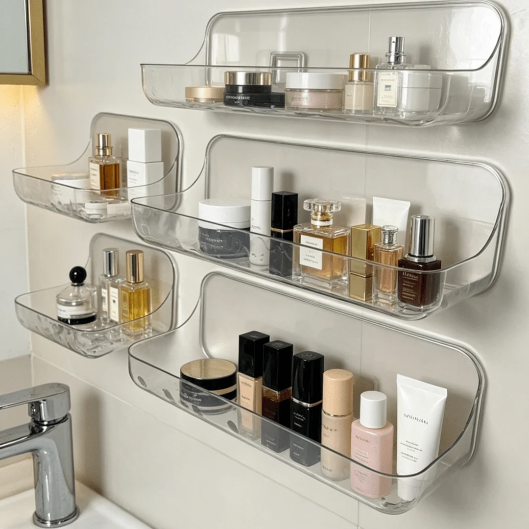 1pc No Drill Wall Mounted Adhesive Storage Rack, Transparent Plastic Bathroom Organizer With Drainage, Waterproof Bathroom Shelf For Cosmetics, Toiletries, Kitchen, Available In 2 Sizes - A - View 1