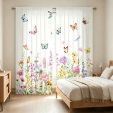 2pcs Translucent Polyester Fiber Curtains, With Colorful Butterfly And Floral Patterns, Modern All-Season Design, 100% Polyester Fiber, Light Filtering, With Rod Pocket For Easy Installation, Perfect For Kitchen, Laundry Room, Bedroom, Study And Living Room - Multicolor - View 7