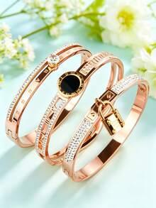 Set de 3 piezas de pulsera de metal vintage de acero inoxidable | Colgante de mini candado + Incrustación de zirconia romana | Pulsera anti-sudor y anti-desteñido | Gran regalo para el Día de San Valentín y el Día de la Madre | Joyería versátil para fiestas y banquetes - Juego de cerraduras pequeñas - Ver 11