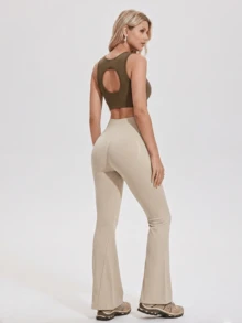 ZULIZ 罗纹高腰喇叭紧身裤，女士提臀喇叭瑜伽裤 - 卡其色 - 查看 2