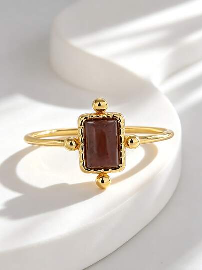 Charm-In 18K镀金矩形棕色宝石戒指，复古个性戒指，女士礼物