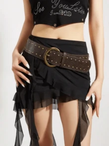 1 chiếc thắt lưng bản rộng kiểu miền Tây màu tối dành cho nữ, đính nhiều đinh tán. - Cà phê - Xem 1