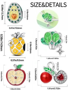 925纯银红苹果闹钟，搭配樱桃、卷心菜、雏菊、菠萝、牛油果珠子，适合DIY女士手链、项链，日常佩戴或作为礼物。 - 彩色 - 查看 2
