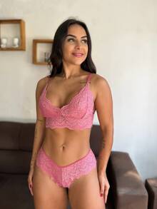 Lynda Lingerie Women's Sexy Bra And Thong Set With Lace Non-Padded Bra Sensual Lace Bra And Thong Kit - Rosa - Ver 1