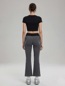 ZULIZ 罗纹高腰喇叭紧身裤，撞色腰带七分喇叭瑜伽裤 - 深灰色 - 查看 3