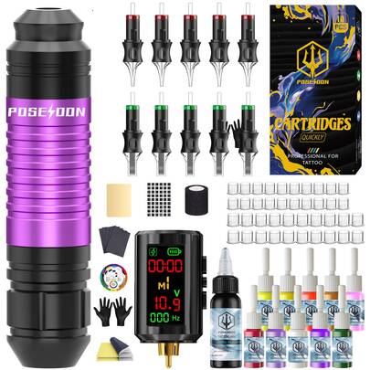  Poseidon Tattoo Kit Complete Tattoo Pen Set, Includes 1600mAh Rechargeable Battery Tattoo Machine Kit With Large Color Screen, 11 Tattoo Ink Colors, 10 Tattoo Needles, 1 Roll Tattoo Bandage, 1 Practice Skin, 2 Transfer Papers, 40 Ink Cups, 1 Glove, 1 Palette, Suitable For Beginners And Professional Tattoo Artists
