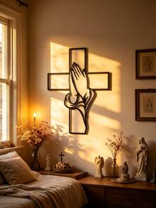 1pc Vintage Praying Hands Metal Wall Art - Rust-Resistant Iron Religious Decor With Cross Design, Christmas And Easter Blessing Gift, For Home, Church, Religious Home Decor (7.87in/11.81in/5.75in) Available In 3 Sizes - Black - View 5
