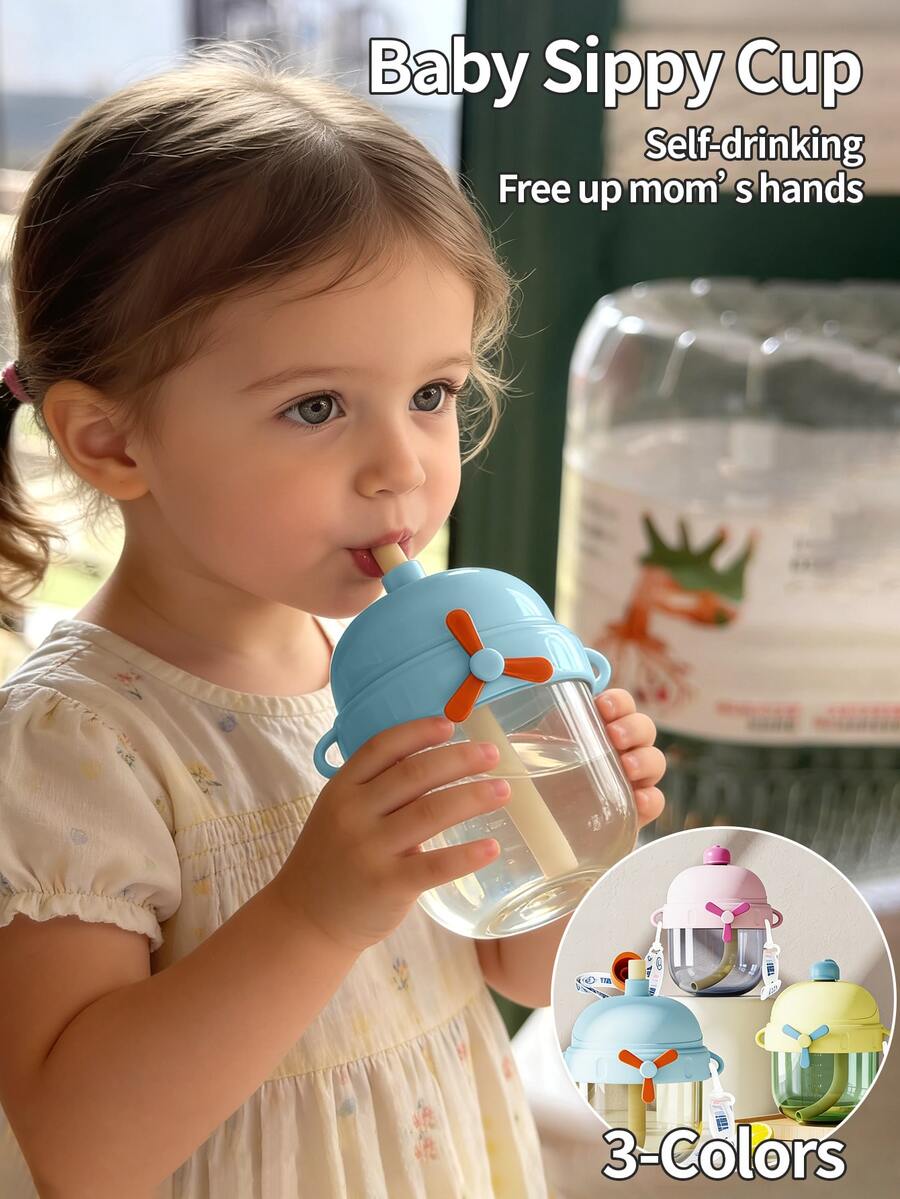 3 Colors Baby Feeding Training Cup | 6 Months+ Baby Weaning Bottle | 300ml Self-Feeding Training Water Cup | Anti-Drop Anti-Leak Straw Cup With Strap For Outdoor Sports And Travel | Independence Day Gift Hot-Selling Style - Multicolor - View 1