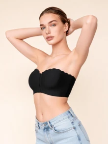 Lilivine Sutiã com Fechamento Frontal Feminino, Sutiã Sem Alça, Top Sem Costura, Sutiã Sexy Sem Fio, Enchimento Removível, Sutiã Tubular Básico Ajustável, Sutiã de Tecido Macio com Silicone Antiderrapante, Camisete Acolchoada Confortável com Barra Ondulada, Perfeito para Vestidos Sem Alça, Sutiã com Fechamento Frontal - Preto - Visão 5