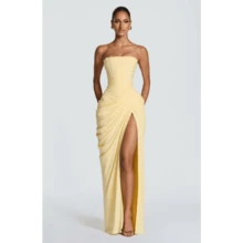Asymmetrical Pleated High Split Dress - Light Yellow - View 5