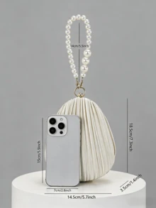 Bolso de embrague plisado de color albaricoque de lujo, bolso de mano de concha dura con asa de perlas elegante, billetera con forma de concha de lujo, adecuado para bodas, bailes, fiestas - Albaricoque - Ver 2