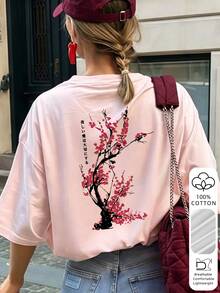 Camiseta holgada de mujer con estampado de flores de cerezo al estilo japonés, 100% algodón transpirable de cuello redondo y manga corta, ropa de calle Y2K, adecuada para salidas de primavera, paseos por la ciudad y uso diario casual en verano color rosa - Rosa - Ver 2