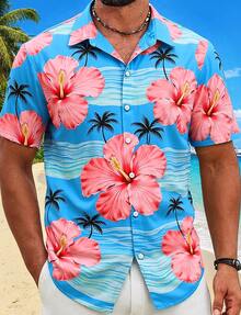 Men's Hawaiian Shirt Short Sleeve Tropical Print Button Down Summer Beach Casual Lightweight Breathable Top - 6MT31 - 查看 1