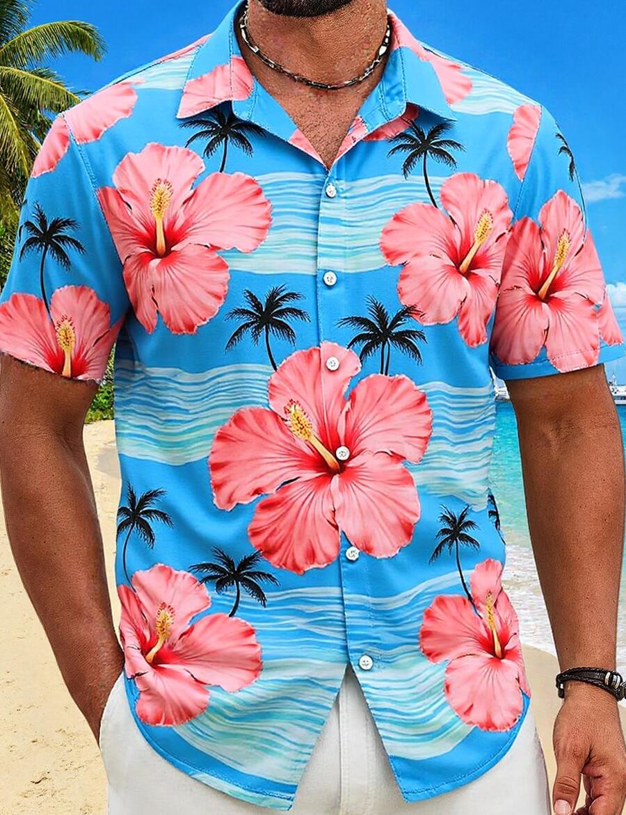 Men's Hawaiian Shirt Short Sleeve Tropical Print Button Down Summer Beach Casual Lightweight Breathable Top - 6MT31 - 查看 1
