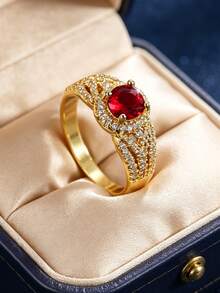 Women's Gold-Plated Twisted Pave Ring, Round Red Zirconia With White Zirconia Fully Paved, Elegant Micro-Inlaid Craftsmanship, Suitable For Daily Commute And Workplace Attire, An Ideal Gift For Fashion Enthusiasts - Gold - View 1