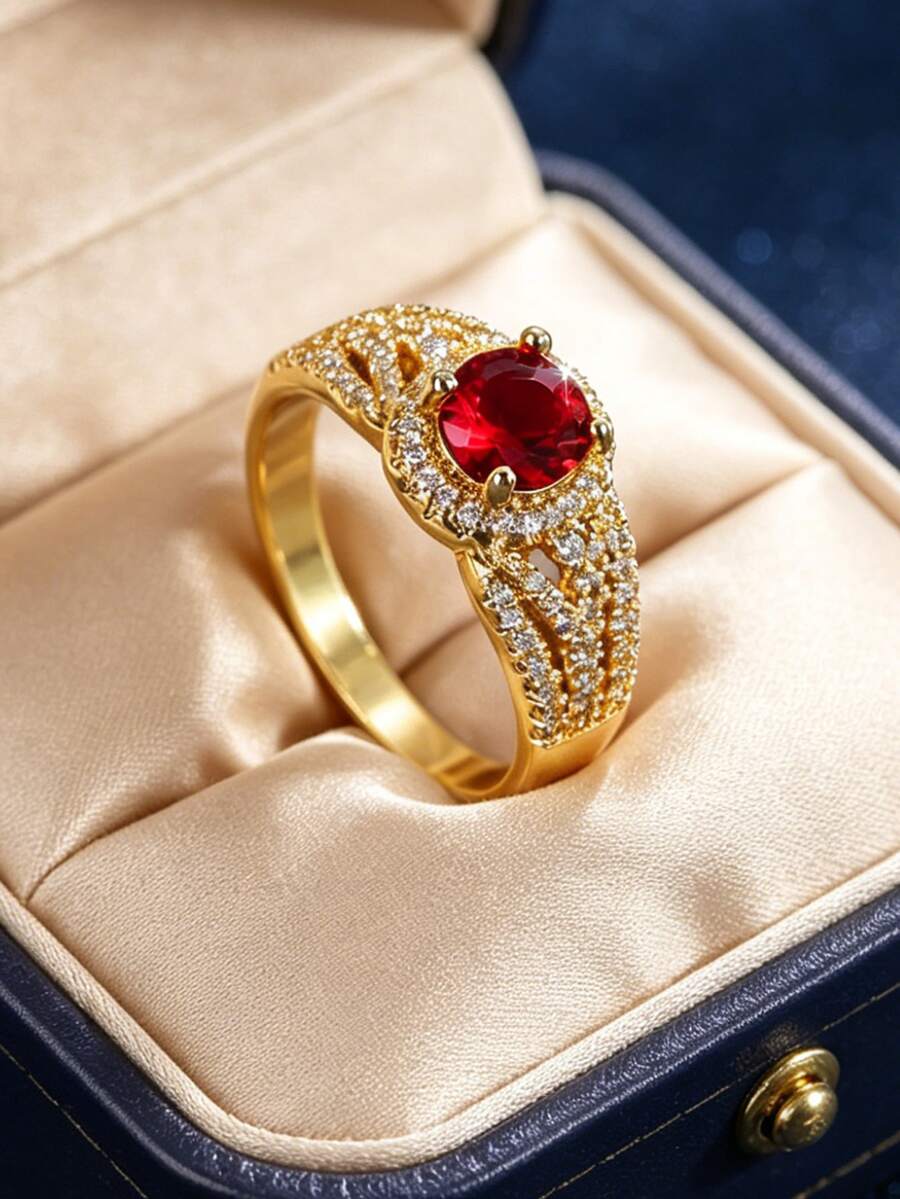 Women's Gold-Plated Twisted Pave Ring, Round Red Zirconia With White Zirconia Fully Paved, Elegant Micro-Inlaid Craftsmanship, Suitable For Daily Commute And Workplace Attire, An Ideal Gift For Fashion Enthusiasts - Gold - View 1