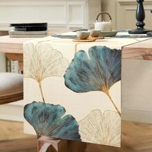 1pc/7pcs Blue, Green, Gold, Silver Ginkgo Leaf Table Runner, Rectangular Tablecloth, Farmhouse Decor For Entryway, Coffee Table, Living Room, Adds Fresh Ambiance For Daily Dining, Holiday Celebration - Multicolor - View 6