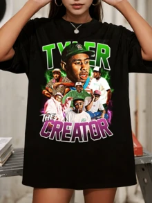 Hip Hop Artist Collage Print Loose Fit Crew Neck Tee - Black - View 1