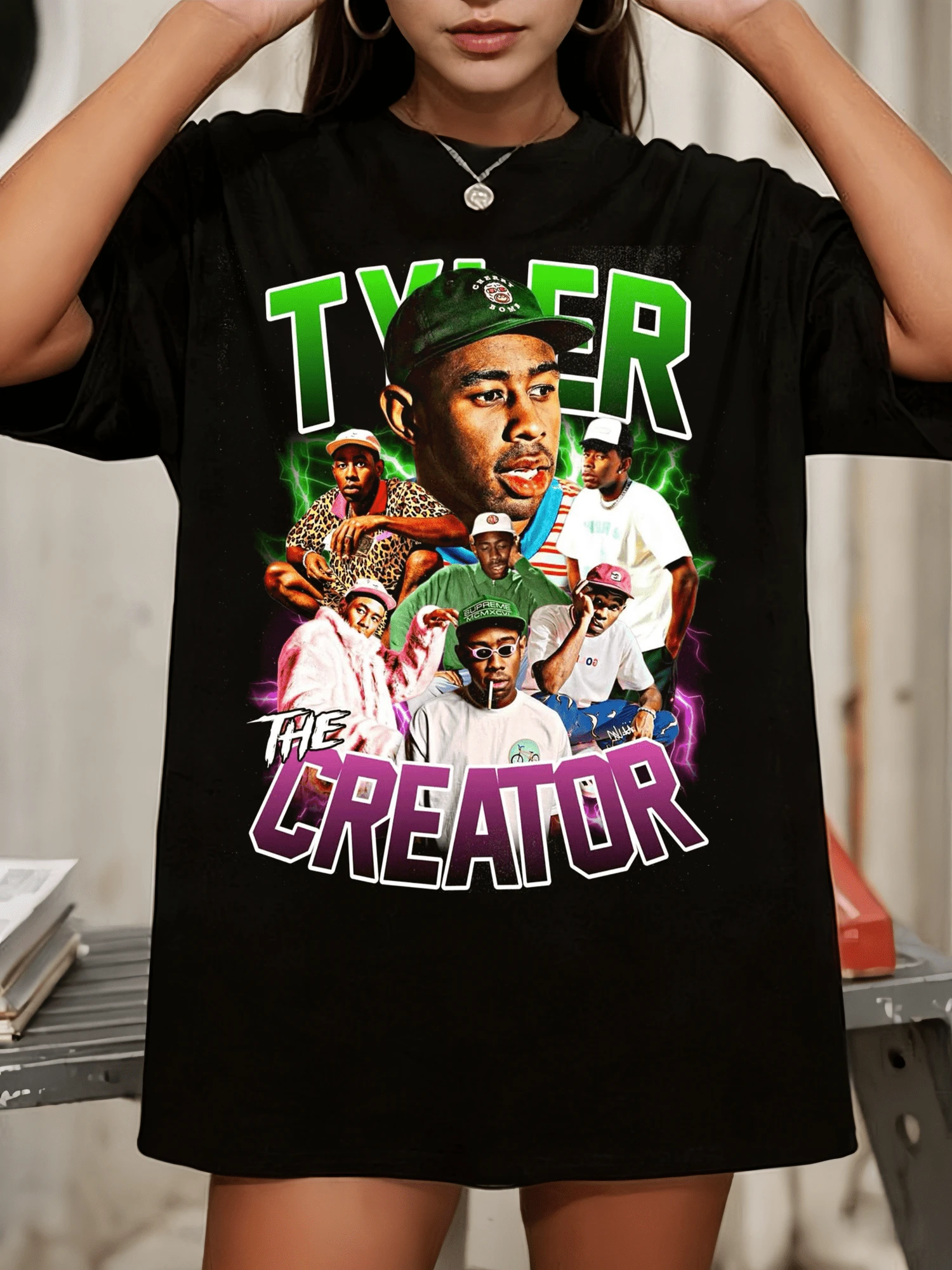 Hip Hop Artist Collage Print Loose Fit Crew Neck Tee - Black - View 1