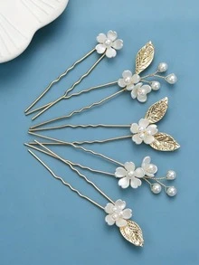 5 pièces Pinces à cheveux faites main avec fleurs de perles et feuilles, accessoires pour mariée, mariage, port quotidien, fête et autres occasions, festival, anniversaire - Doré - Voir 3