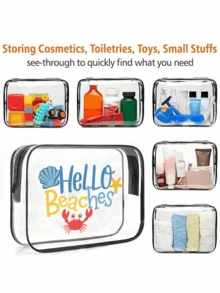 "Hello Beaches" Bolsa de maquillaje transparente con tema oceánico - Diseño unisex e impermeable, esencial para vacaciones de verano y viajes. Esta bolsa de almacenamiento ligera y colorida es un organizador multifuncional con cremallera, diseñada específicamente para almacenar artículos de tocador y accesorios de viaje para mujeres. Perfecta para viajes a la playa, salidas diarias y organización cotidiana. También es un regalo ideal para el Día del Maestro o la temporada de regreso a la escuela. - Multicolor - Ver 10