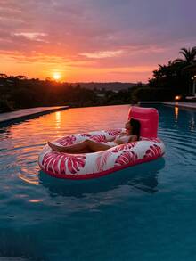 Inflatable Lounge Chair | Extra Large Blue & Pink Maple Leaf Pattern | Durable PVC Material With Backrest And Cup Holder | Comfortable Inflatable Furniture For Summer Parties And Beach Relaxation - Multiple Styles - View 5