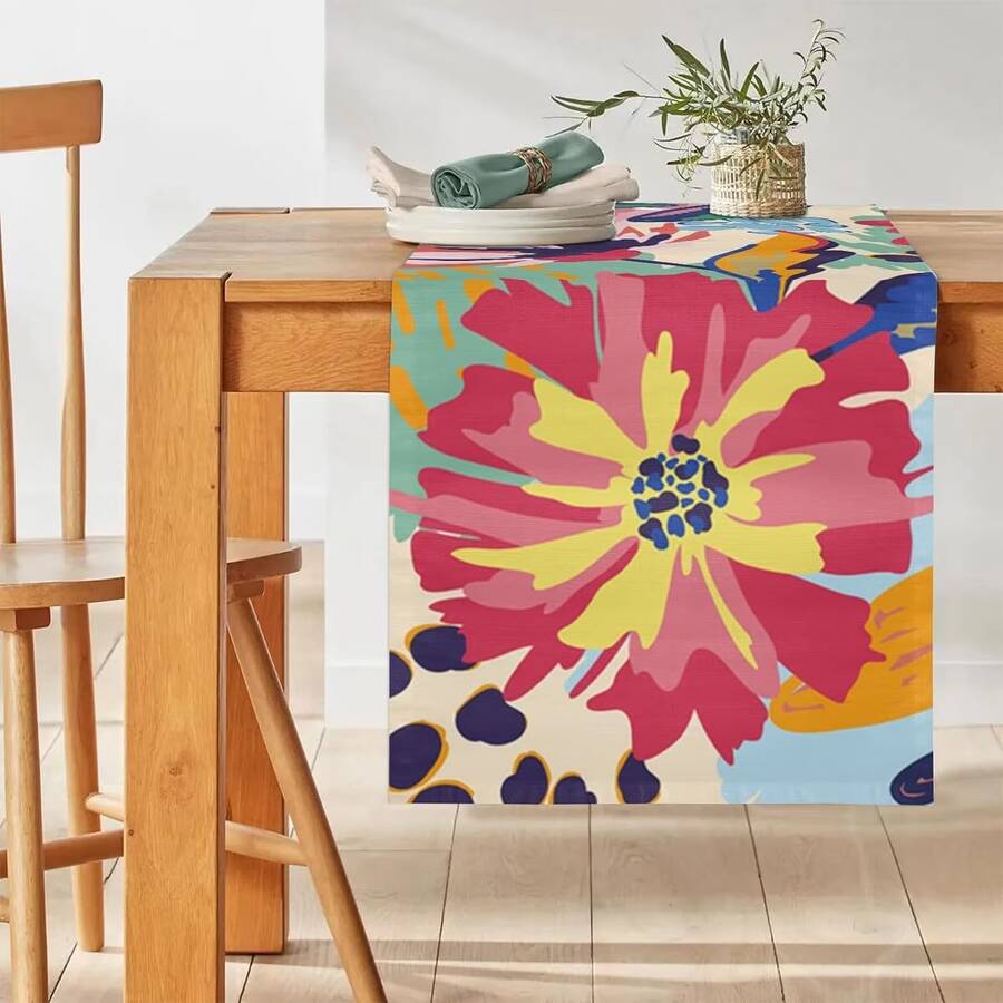 1pc/7pcs Floral Table Runner, Farmhouse Colorful Floral Modern Abstract Art Dining Table Cloth, Suitable For Entryway, Coffee Table, Living Room, Adding Fresh Atmosphere For Daily Meals And Holiday Celebrations - Multicolor - View 1