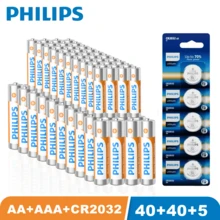 PHILIPS 40pcs AA, 40 Pcs AAA Carbon Batteries And 5 Pcs CR2032 Button Battery, 1.5V Long-Lasting Batteries, Suitable For Household And Office Equipment, With An Extended Shelf Life! - Xem 1