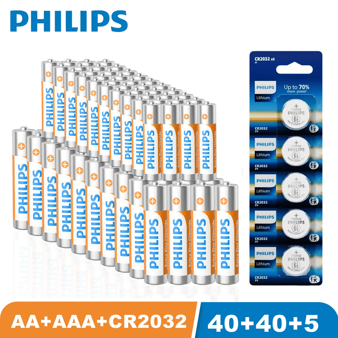 PHILIPS 40pcs AA, 40 Pcs AAA Carbon Batteries And 5 Pcs CR2032 Button Battery, 1.5V Long-Lasting Batteries, Suitable For Household And Office Equipment, With An Extended Shelf Life! - Xem 1