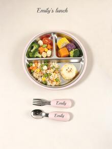 1pc Customizable Name 3-Compartment Divided Plate, Detachable 304 Stainless Steel Inner Bowl + Heat-Resistant Silicone Outer Shell, Round Non-Slip Suction Toddler Meal Tray - Multicolor - View 2