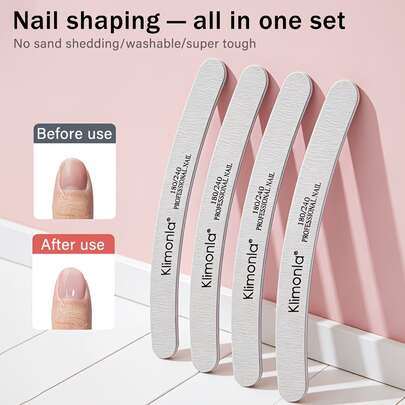Klimonla 12pcs Gray Curved Professional Nail File Set, 180/240 Grit Double-Sided Sandpaper Board, Washable Nail Polishing Strips With Double-Sided Sanding Surface