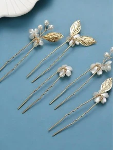 5 pièces Pinces à cheveux faites main avec fleurs de perles et feuilles, accessoires pour mariée, mariage, port quotidien, fête et autres occasions, festival, anniversaire - Doré - Voir 2