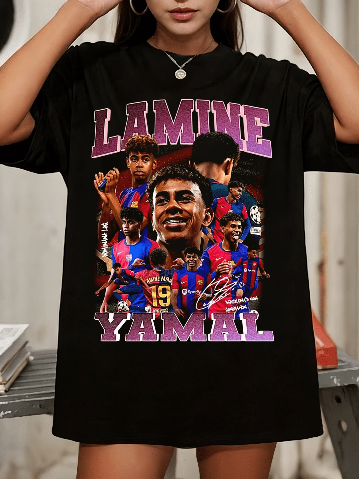 LamineS YamalS Barcelona Retro Football T-Shirt  La Masia Soccer Graphic Tee - Black - View 1
