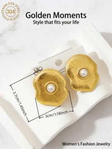 Boucles d'oreilles pour femmes en acier inoxydable 304 plaqué or avec perles, boucles d'oreilles vintage à fleurs/nœud/rondes/ovales exagérées, bijoux de mode de niche, cadeau, boucles d'oreilles texturées avec un aspect haut de gamme, hypoallergéniques et résistantes à la décoloration, convenant pour le travail, les sorties, les fêtes et autres occasions pour rehausser facilement votre tenue - Doré - Voir 2